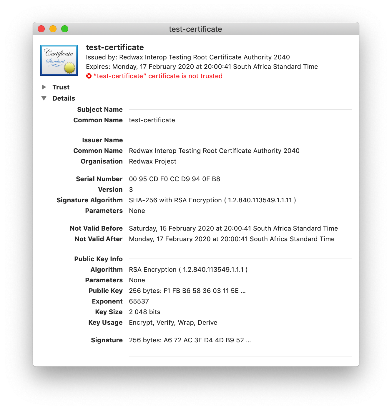 Screenshot of certificate