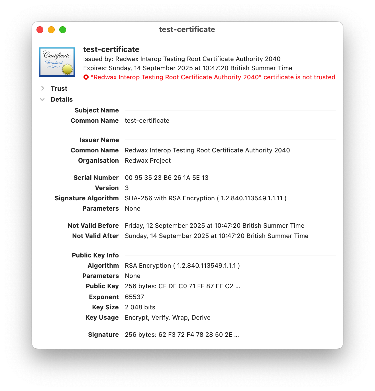 Screenshot of certificate